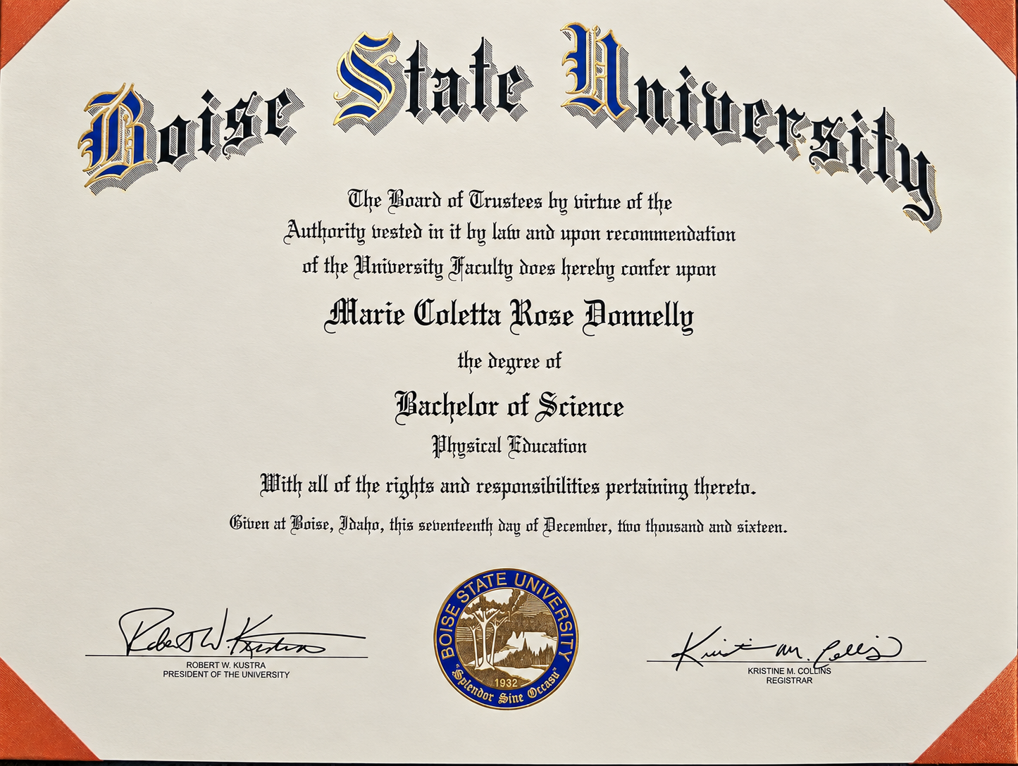 Boise State University Diploma Certificate